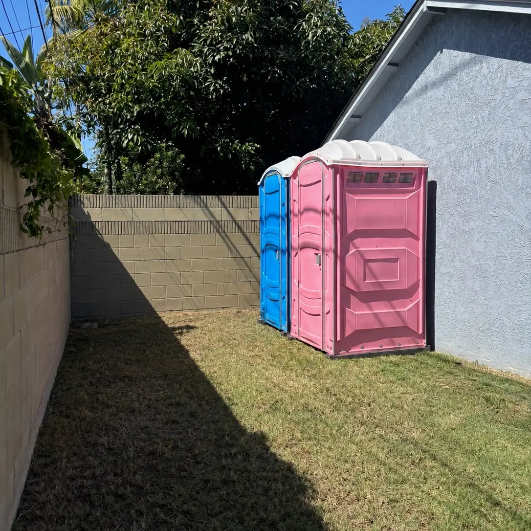 Portable toilets set up at the edge of a backyard party
