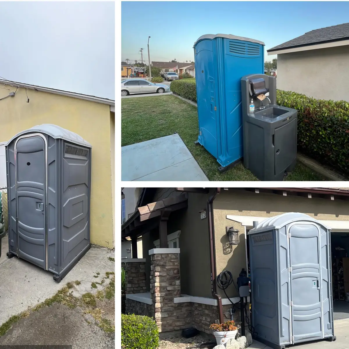 Gray standard porta potties placed beside houses during home renovation work